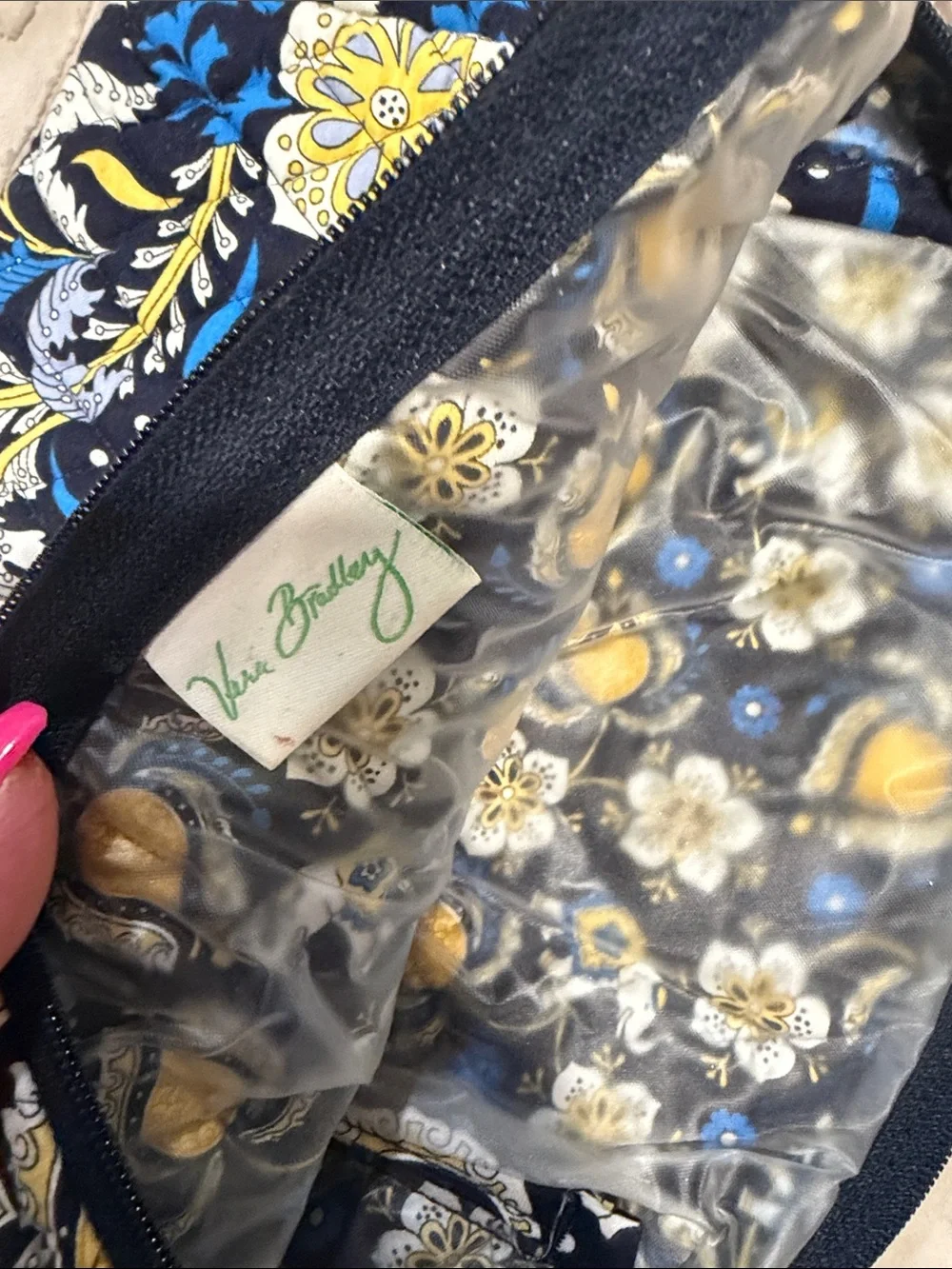Quilted Floral Zip Pouch in Navy, Yellow & White